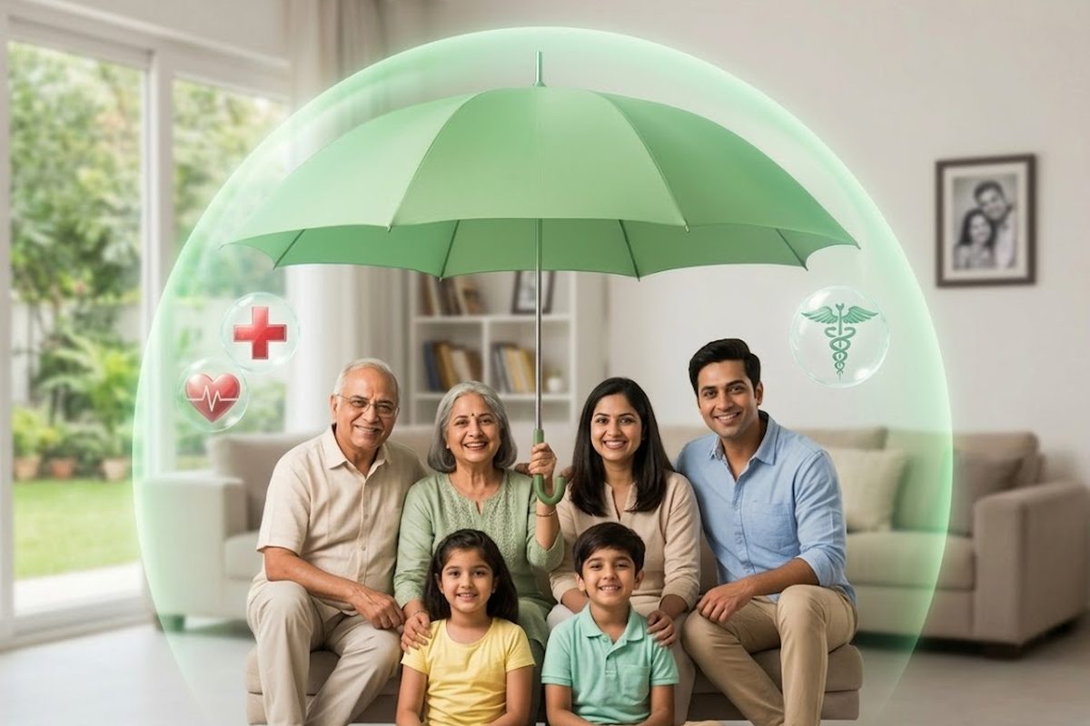 Three generations of a family under a protective umbrella