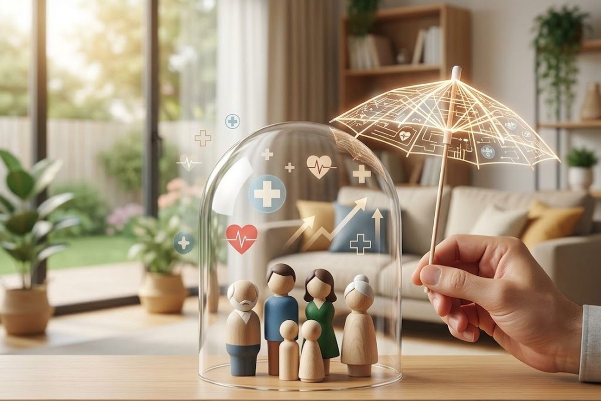 A family figurine group sheltered under a glass dome and umbrella