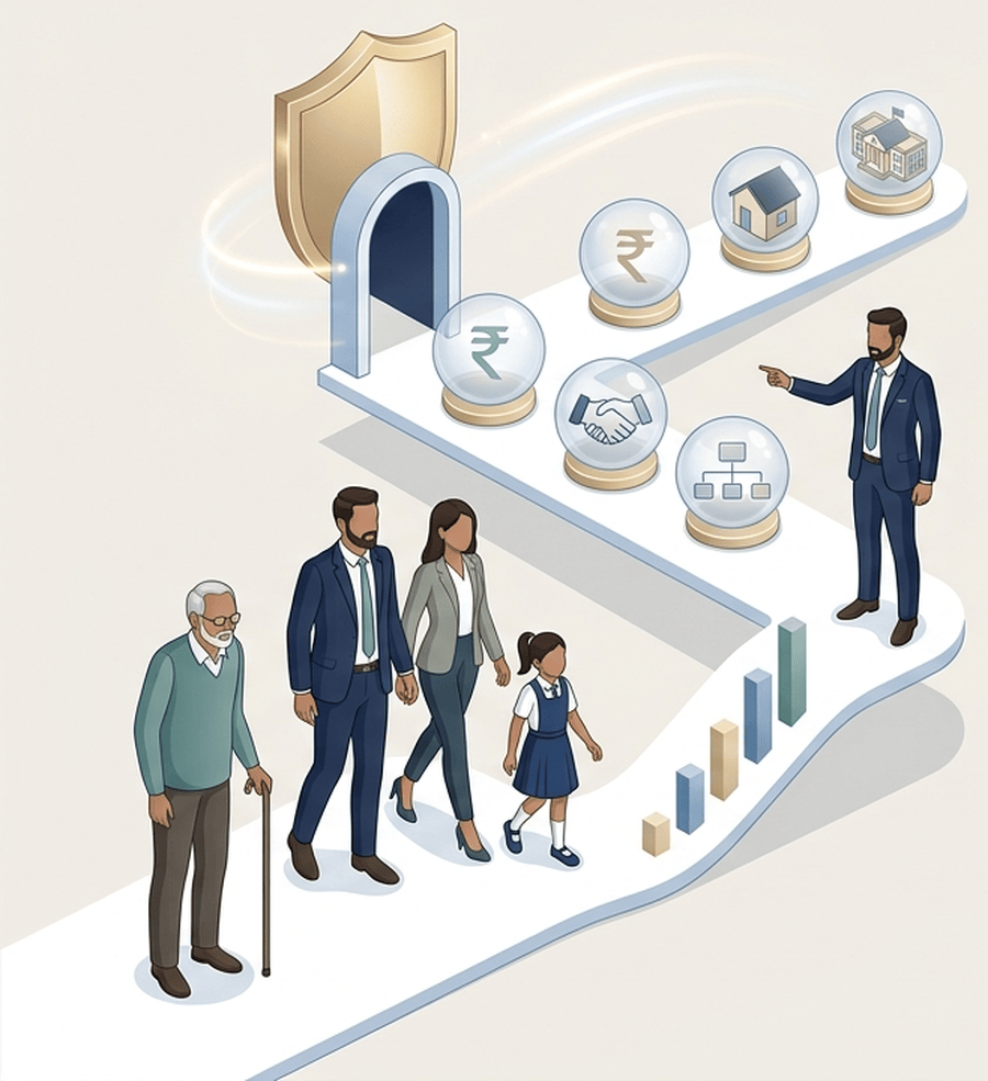 An adviser guiding a family towards a range of financial products, with a
                  protective shield behind them